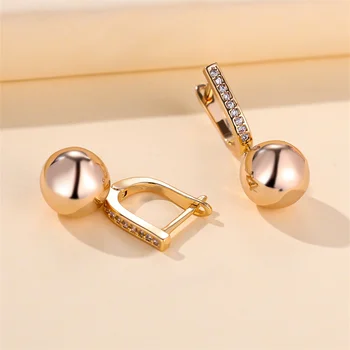 White Zircon Cute Round Ball Pendant Hoop Earrings For Women Vintage Gold Color Ear Buckle Wedding Jewelry Engagement Party Gift