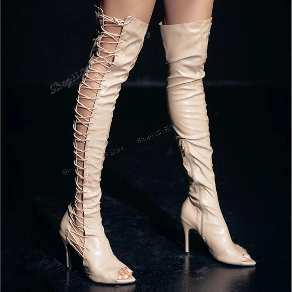 

Nude Cross Tied Hollow Over the Knee Boots Peep Toe Stiletto High Heel Side Zipper Women Shoes 2024 Fashion Zapatos Para Mujere