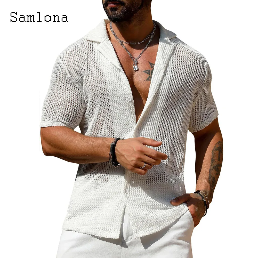 Plus Size 3xl Men Summer New Knitting Blouse Solid White Transparent Shirt Mens Beach Top Cardigans Lepal Collar Knitwear 2024