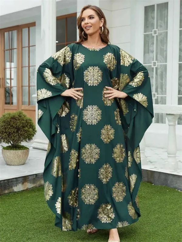 

Green Muslim Women's Robe Luxury Party Evening Long Dress Fashion Dubai Turkey Islam Ramadan Abaya Kaftan
