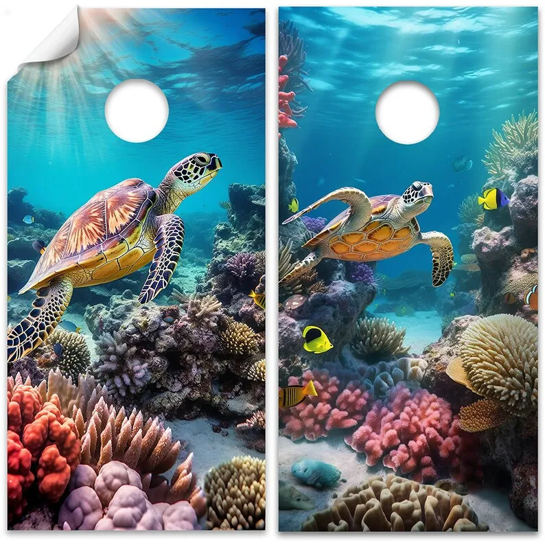 

Set of 2 Corn Hole Decal, Sea Turtles in Ocean Under Sea World Beach Board Wrap, Vinyl Cover Sticker,and More Designs to Choose