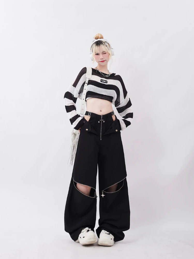 ADAgirl Black Cargo Sweatpants Women Y2k Fashion Baggy Zipper Hollow Out High Waist Wide Leg Sport Pants Hip Hop Causal Trousers