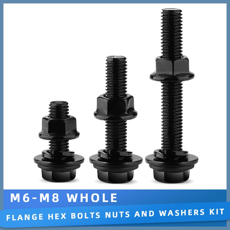 M6 M8 Flange Screw Lock & Flat Washers Kit Metric Full Thread Hex Bolts and Nuts Set Black Zinc Plated Alloy Steel 10.9 Grade