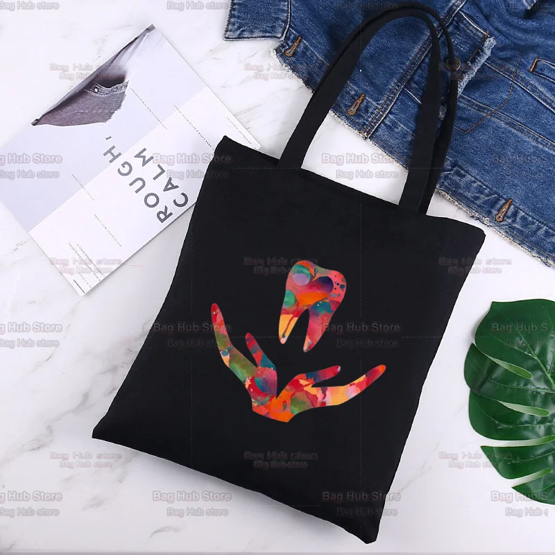 

Tooth and Dentist Black Canvas Bag for Female Handbags Eco Reusable Cloth Shopping Bag Student Book Bags Ladies Casual Bag