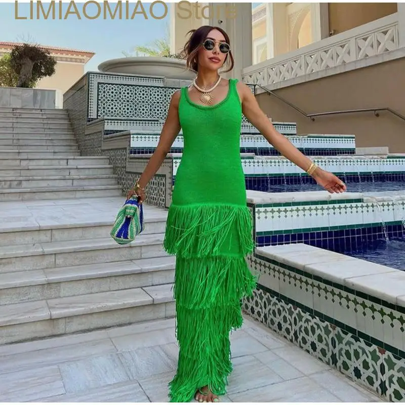 

New Female Solid Sleeveless Hip-Package Holiday Slip Dress Fringed Hem Spaghetti Strap Vestido Summer For Lady Elegant Dresses
