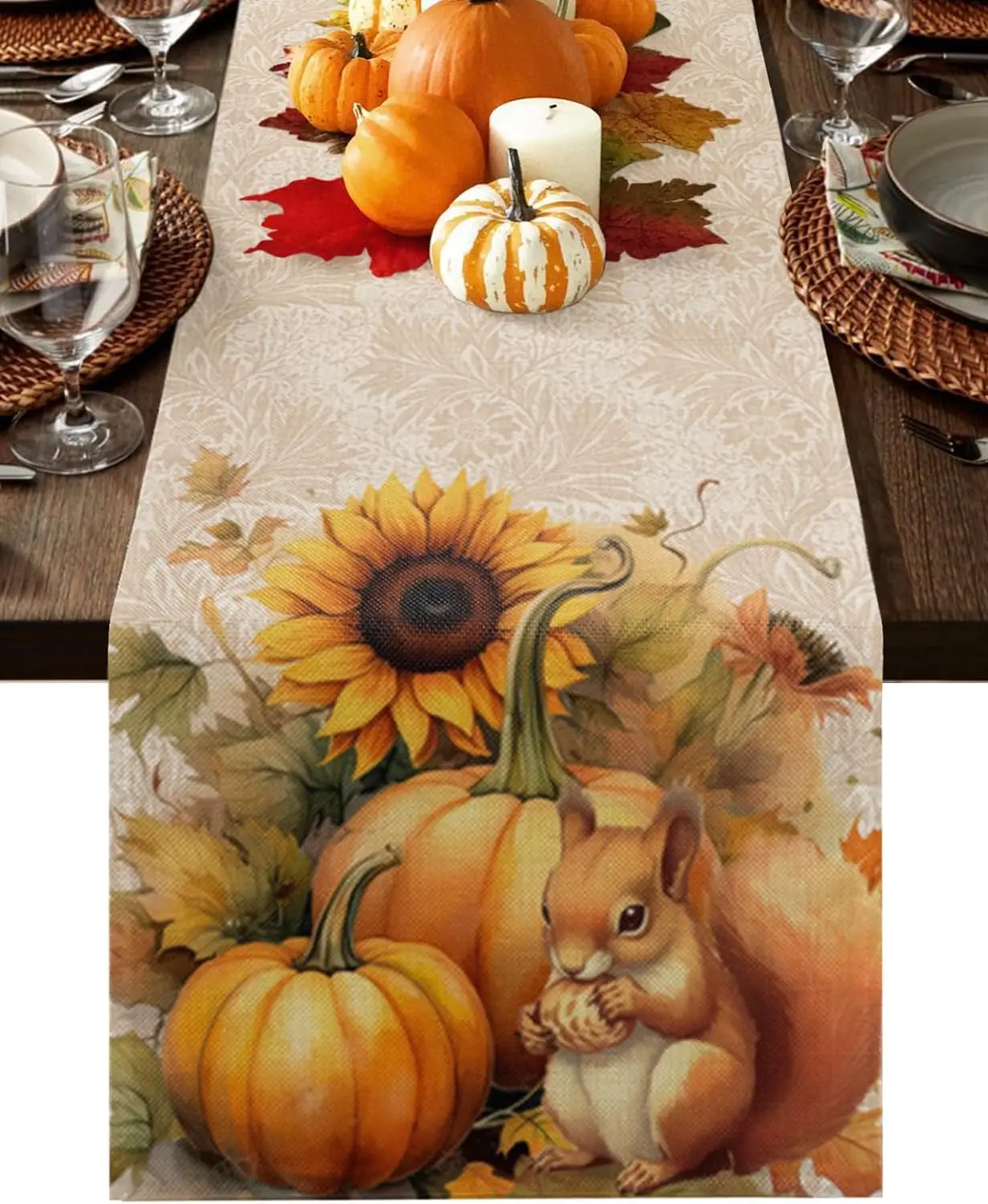 

Fall Thanksgiving Pumpkins Linen Table Runner Dresser Scarves,Squirrel Ginkgo Leaf Table Runner for Kitchen Table Decorations