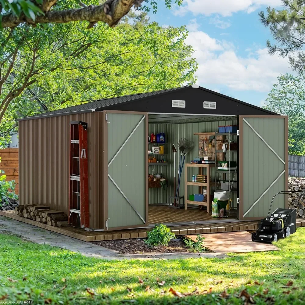 10 X 10 FT Outdoor Storage Shed with Premium Durable Material Metal Sheds & Outdoor Storage House for Patio Garden (Brown)