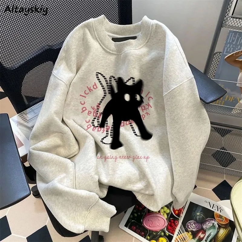 

Plus-velvet Oversize Hoodies Women Loose O-neck Cat Print Lovely All-match Preppy Streetwear Autumn Winter Tops Thick Warm Mujer