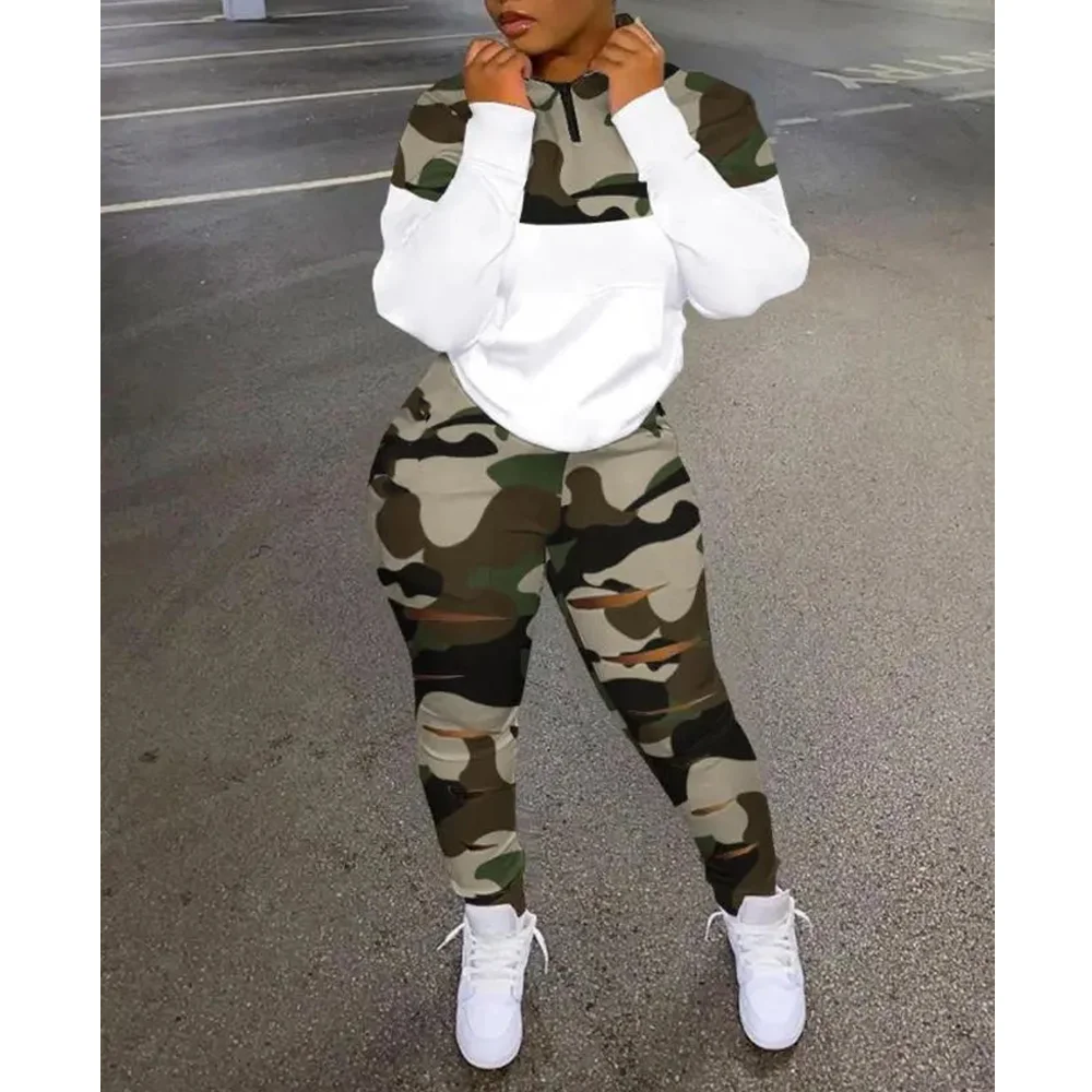 

2023 Two Piece Sets Womens Outifits Casual Camo Long Sleeve Top & Ladder Cutout Pants Set Sweatpants Sweatshirt Sets Autumn