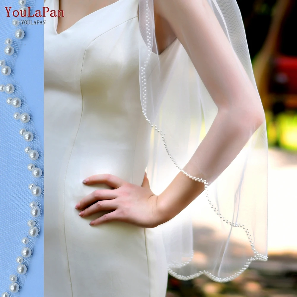 

YouLaPan V35 1 Tier Bridal Veils Wedding Crystal Beaded Soft Rainfall Opal Crystal Veil Thin Scallop Pearls Trim Soft Tulle Veil