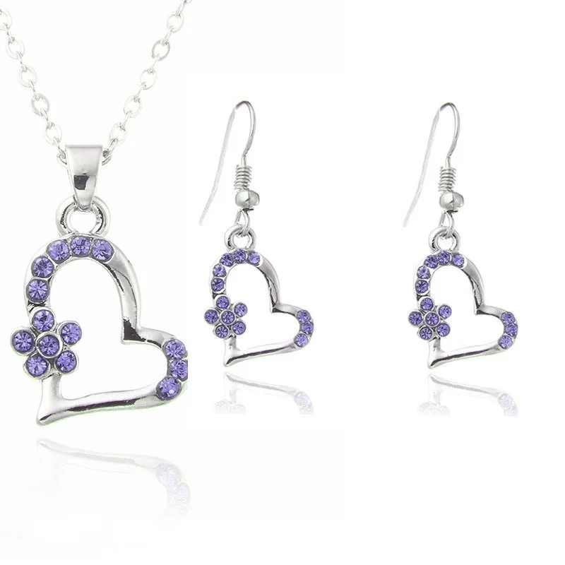 3pcs/set Jewelry Set Women Cute Heart Necklace Silver Plated Diamond Crystal Pendant Bride Earrings - Image 3