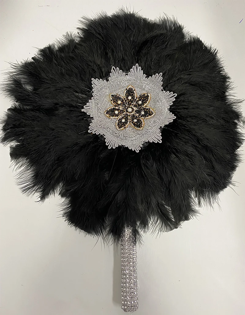 

1pcs One-Sided African Turkey Feather Hand Fan Feathers Handfan for Dance Wedding Decoration Fan with Stones Black Fan