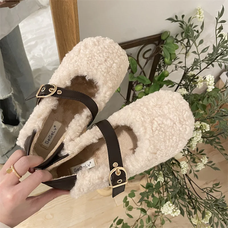 

Mr Co Lambs Wool Shoes Women Flats Warm Cotton Moccasins Femme Winter Metal Buckle Belt Plush Loafers Curly Sheep Fur Mary Janes