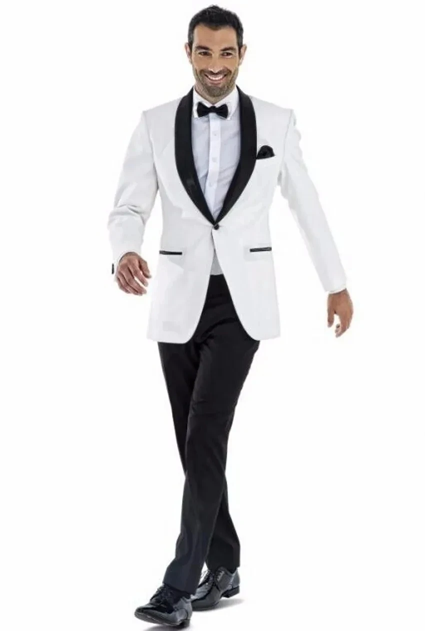 White Groom Tuxedos Black Shawl Lapel Slim Fit Men Wedding Tuxedo Fashion Men Jacket Blazer Men Prom Dinner Men Suit 2 pieces