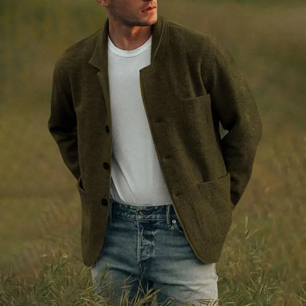 

Male Outerwear Stylish Men's Lapel Woolen Coat Warm Single Breasted Jacket with Multi Pockets for Autumn Winter Streetwear Lapel