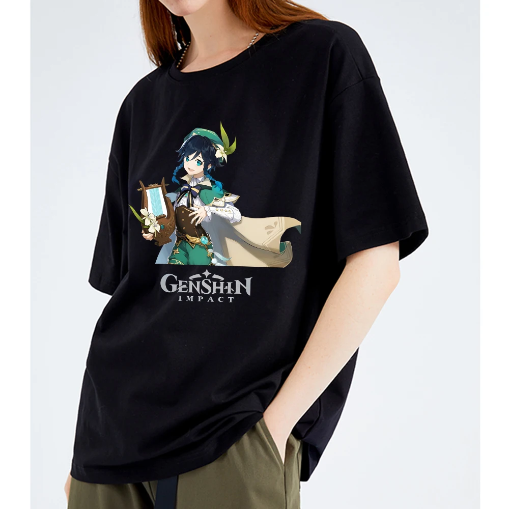 

Футболка Genshin Impact Venti, футболки с графическим принтом, женские летние топы с круглым вырезом, футболка с милым мультяшным принтом, 100% хлопок, футболка, одежда для девочек