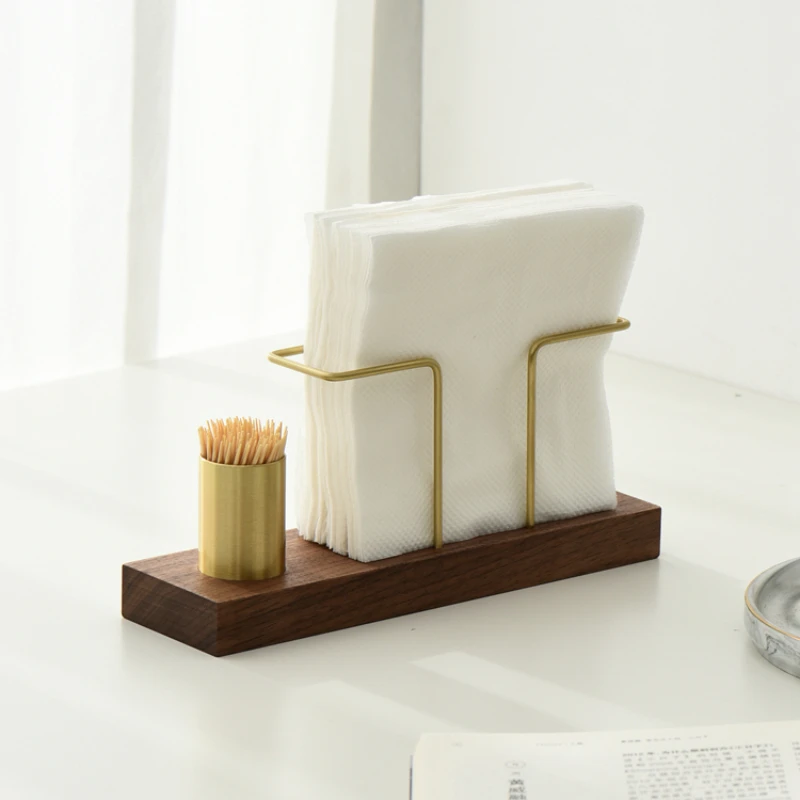 Desktop Organizer Tableware Supplies Wood Tissue Paper Holder Napkin Holder Brass Tissue Box StorageToothpick Box 4