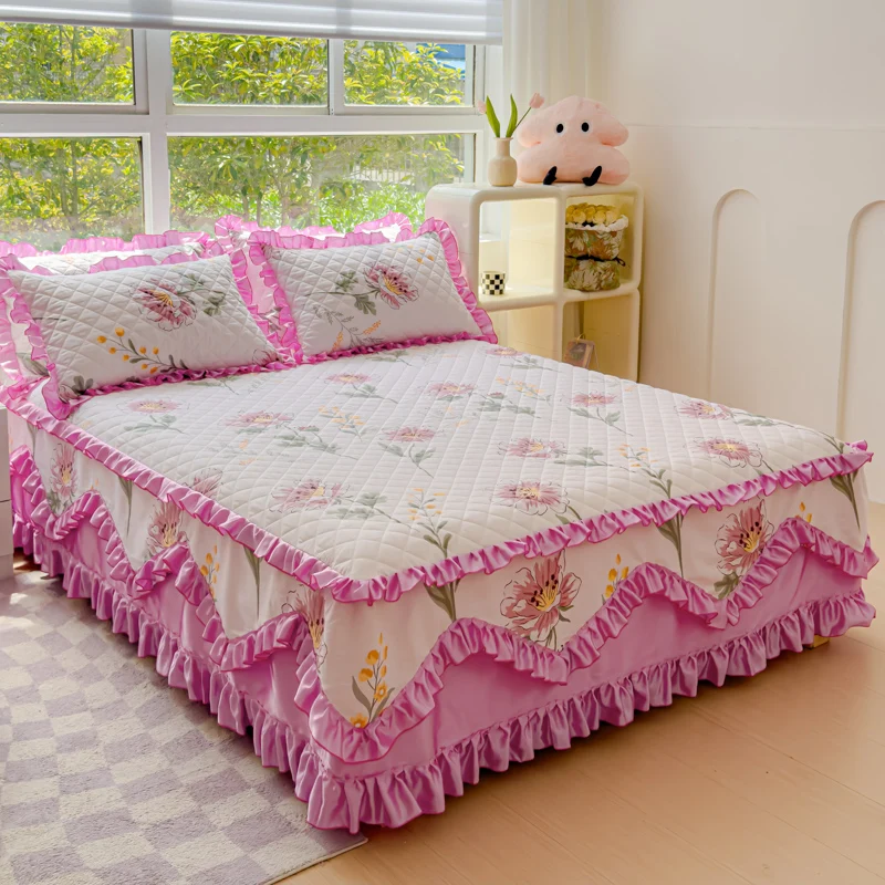 3pcs/set High-grade Crystal Velvet Bed Skirt Pillowcases Three-piece Anti-skid Warm Bedspread Thickened  Bedding main image 1