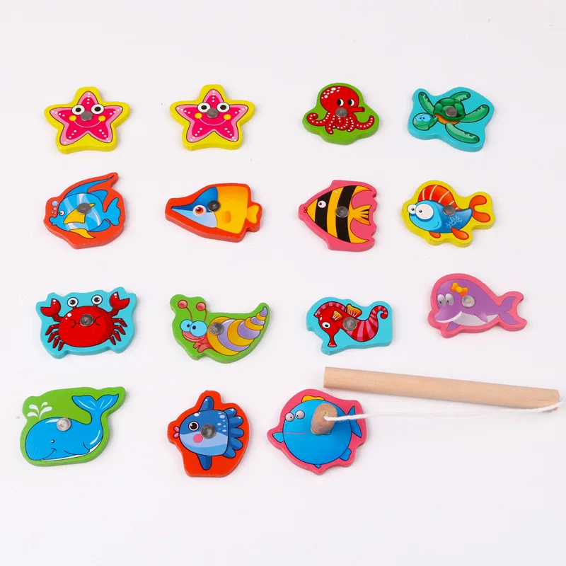 Montessori wooden magnetic fishing toys marine life cognition fish games early educational toy for kids parent-child interactive educational toys fishing toys fishing game