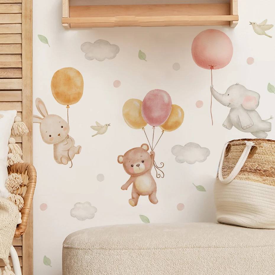 Luminous Wall Stickers Wall Stickers Vinyl Decal Stickers Watercolor Cartoon Bear Rabbit Balloons Clouds Wall Sticker for Kids Room Home Decor