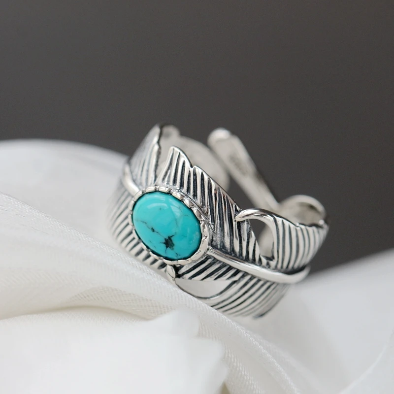 

Authentic 925 Sterling Silver Rings Feather Inlaid Natural Turquoise Fashion Jewelry Gifts Adjustable Size Retro Women Open Ring