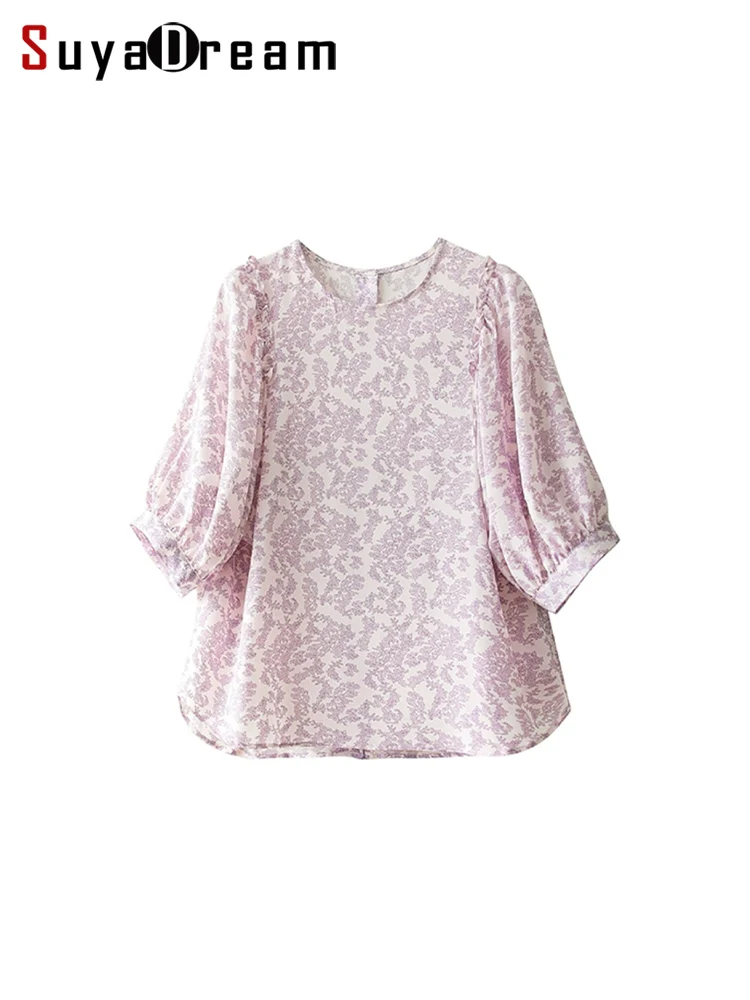 suyadream-women-floral-blouses-100-real-silk-round-collar-lantern-sleeved-t-shirts-2024-spring-summer-elegant-top-purple