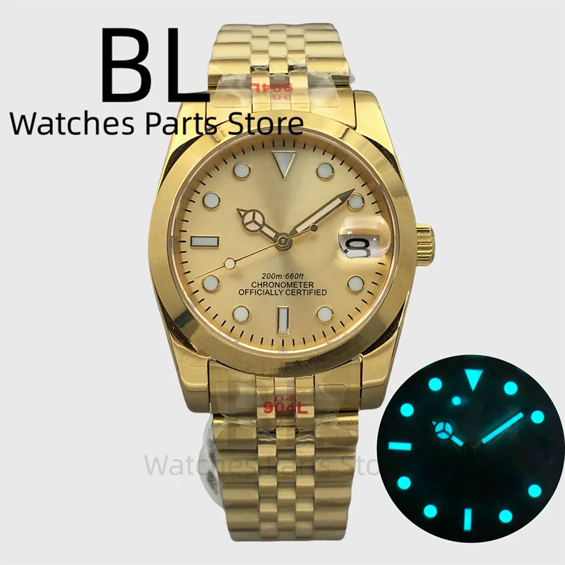 Men's Mechanical Watch 36mm/39mm Gold Case Gold Dial BGW9 Blue Luminous Polished Bezel Sapphire Glass NH35 Automatic Movement