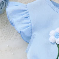 Robe d'été pour filles de 1 à 6 ans, 3 pièces, bleu, sans manches, style A-line, robe décontractée pour enfants avec fleurs en laine 3D + petite poche 3
