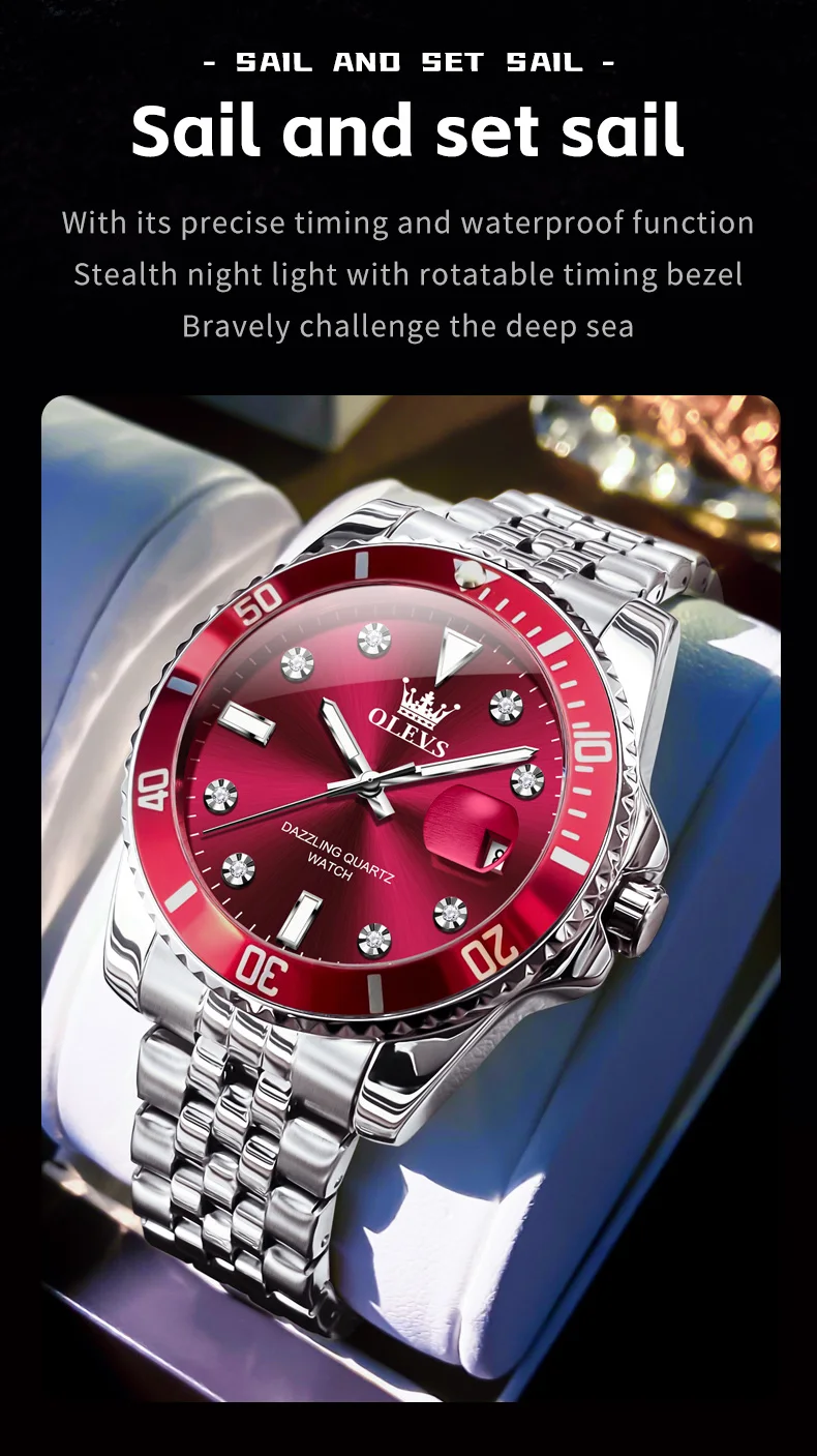 Luxury Mens Analog Quartz Watch - Submarine Series with One-Way Bezel