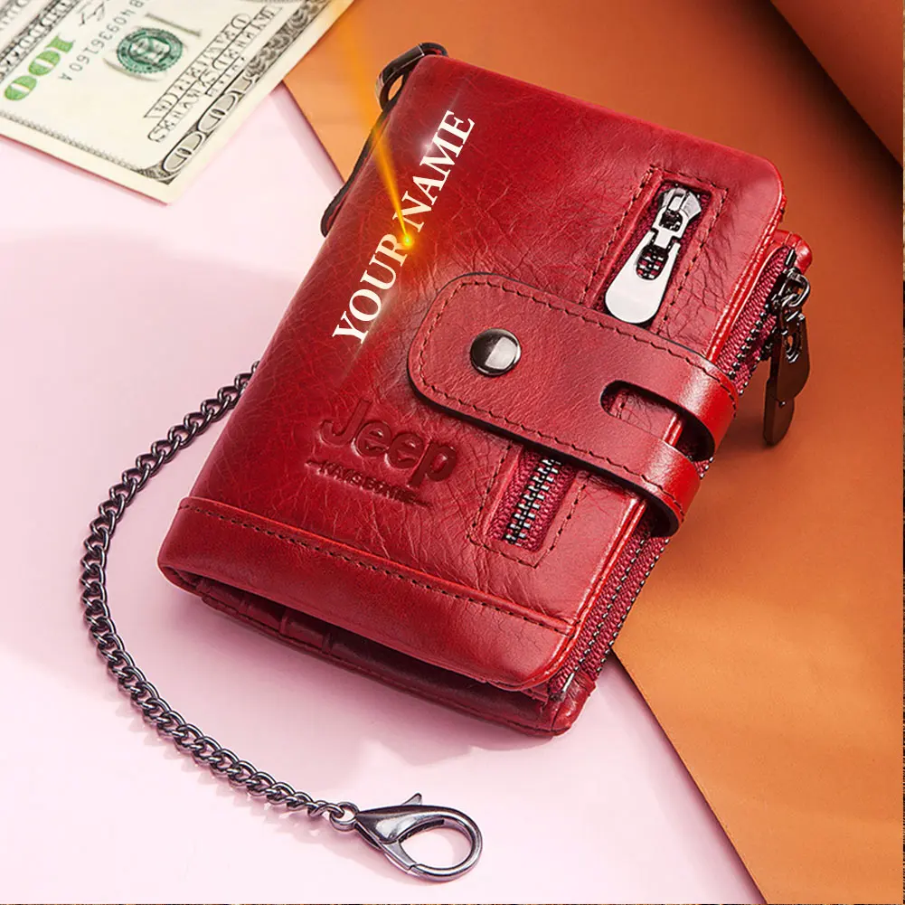 

Fashion Genuine Leather Women Wallet Bi-fold RFID Wallets Red ID Card Holder Coin Purse With Double Zipper Small Ladies Pocket