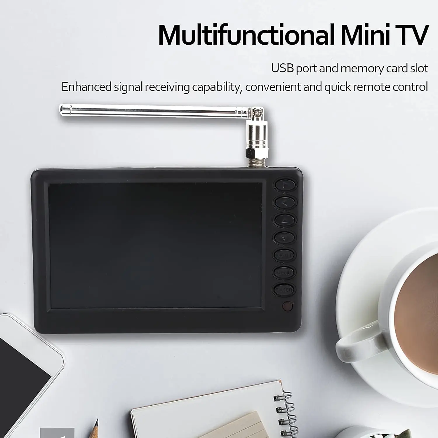 5'' Portable Mini Digital TV, 1080P 2 in 1 with FM Radio, Rechargeable Battery, USB, Headphone Jack, Memory Card Slot, for