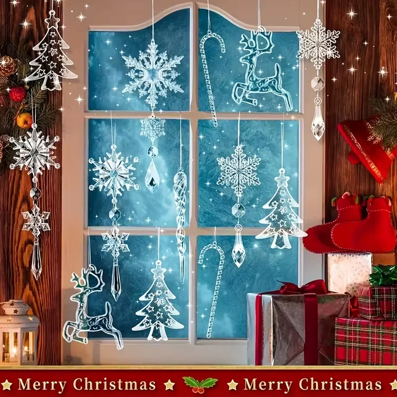 14Pcs Christmas Acrylic Ornaments Set Clear Snowflake Icicle Xmas Tree Hanging Pendants Christmas Home Decoration New Year Gifts