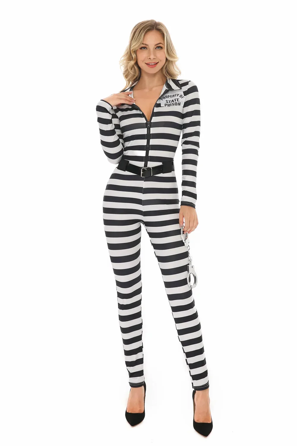 Women Classic Striped Prisoner Costume Adult Jail Inmate Jumpsuit Cosplay Halloween Costumes