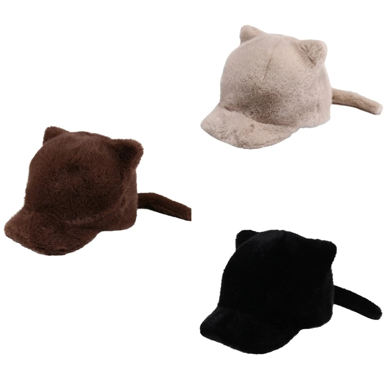 

Harajuku Adult Plush Baseball Cap with Cat Ear Decor Leisure Adjustable Cap