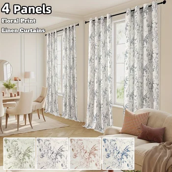4 Panels Floral Print Linen Curtains for Living Room Drapes Privacy Linen Fabric Window Treatment Curtains for Farmhouse Decor P 1