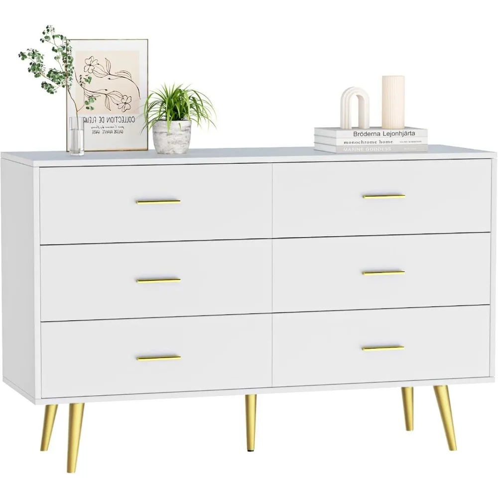 6 Drawer Dresser for Bedroom, Wooden Double Dresser with Gold Handles, Modern Chest Dresser with Deep Drawers for Living Room 6