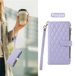 Crossbody Leather Necklace Rope Zipper Wallet Phone Case Cover for Galaxy S24Plus (Purple)