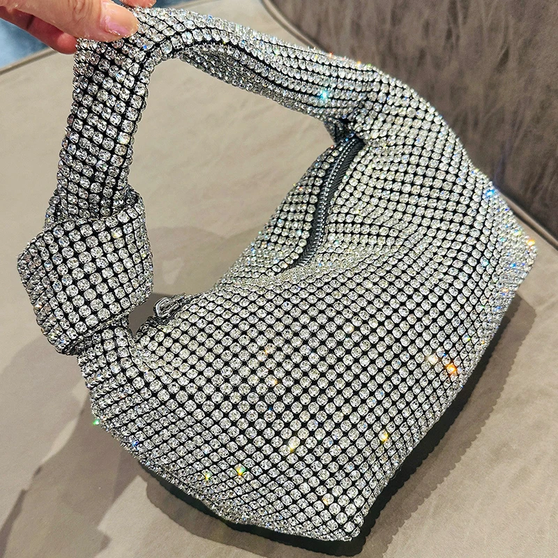 

JIOMAY Luxury Designer Handbag for Women 2023 Bling Rhinestone Hobo Bag for Party Shiny Ladies Solid Color Knot Top Handle Bag