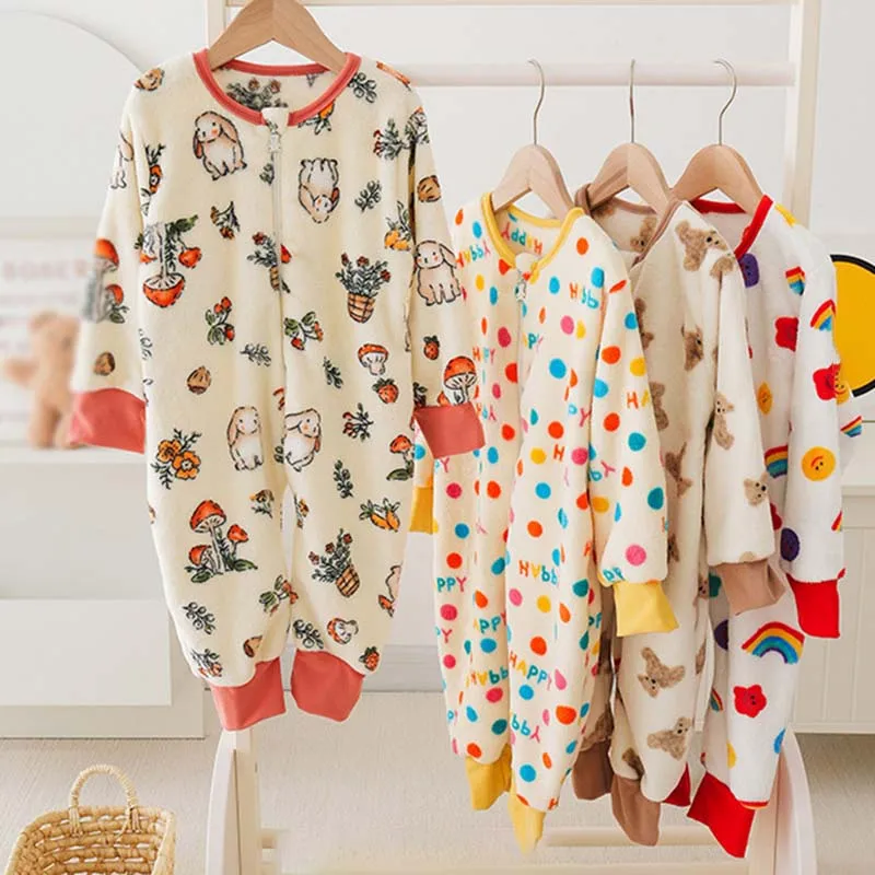 Winter Kids Onesie Pajamas Bear Panda Pattern Children Boys Girl Jumpsuit Anti Kick Split Legs Loungewear Home Thermal Sleepwear