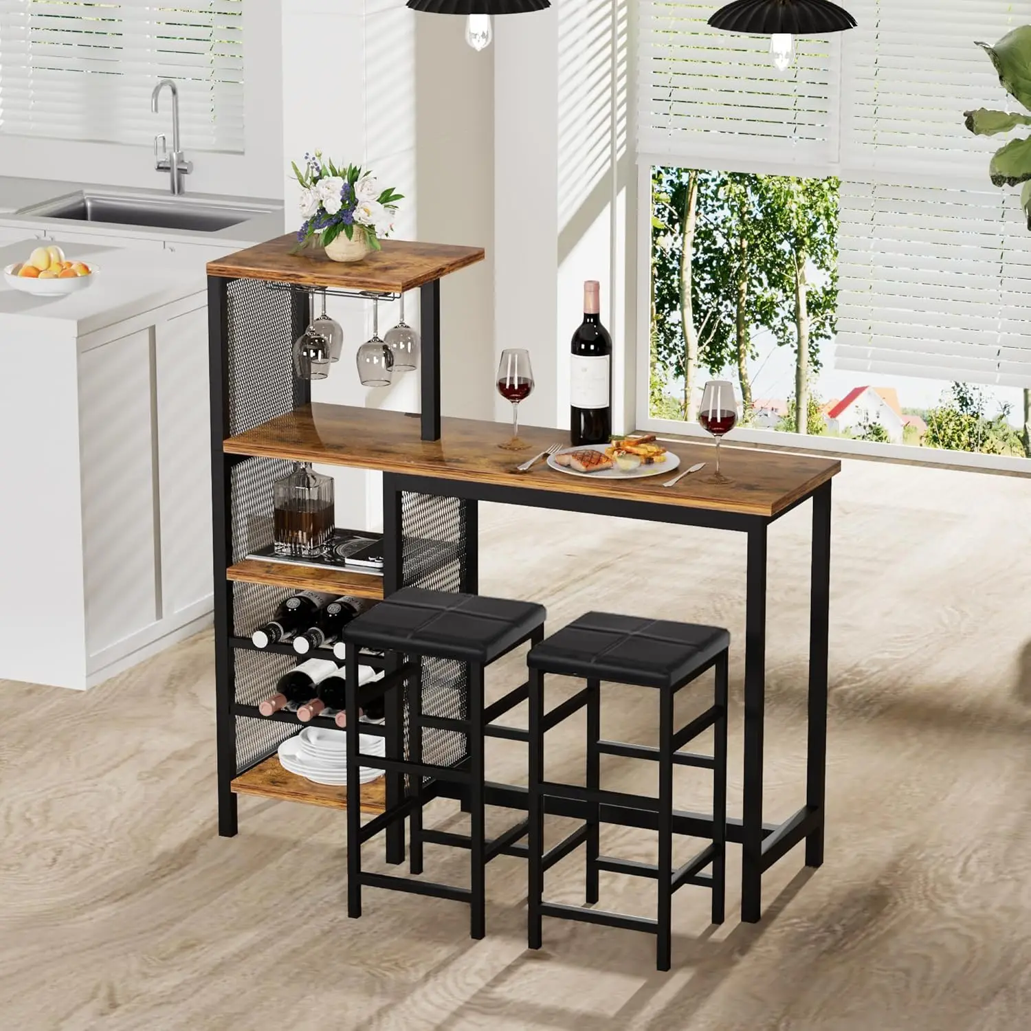 Bar Table and Chairs Set for 2, Tall Kitchen Counter Dining with Storage Shelves, Cup Holder & Wine Rack, PU Leather Cush