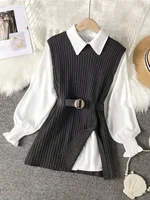 Spring Autumn Women's Lantern Sleeve Shirt Knitted Vest Two Piece Sets of College Style Waistband Vest Two Sets Top UK900 - Image 3