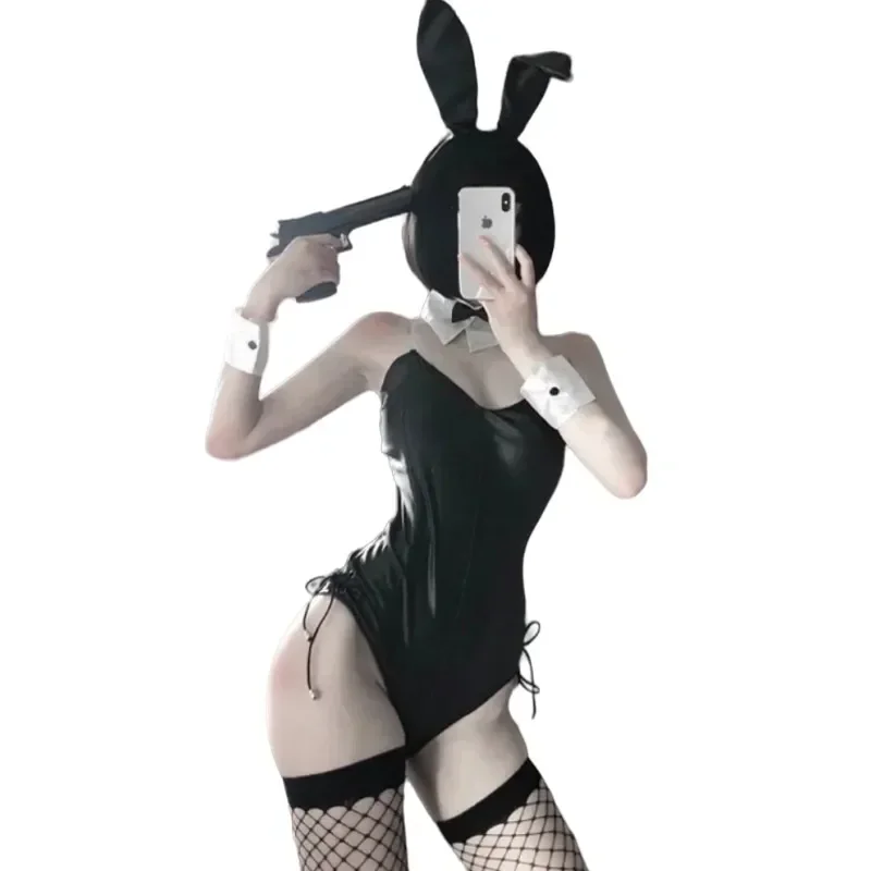 Sexy Bunny Girl Costume - Faux Leather Bodysuit with Tie Headband Set