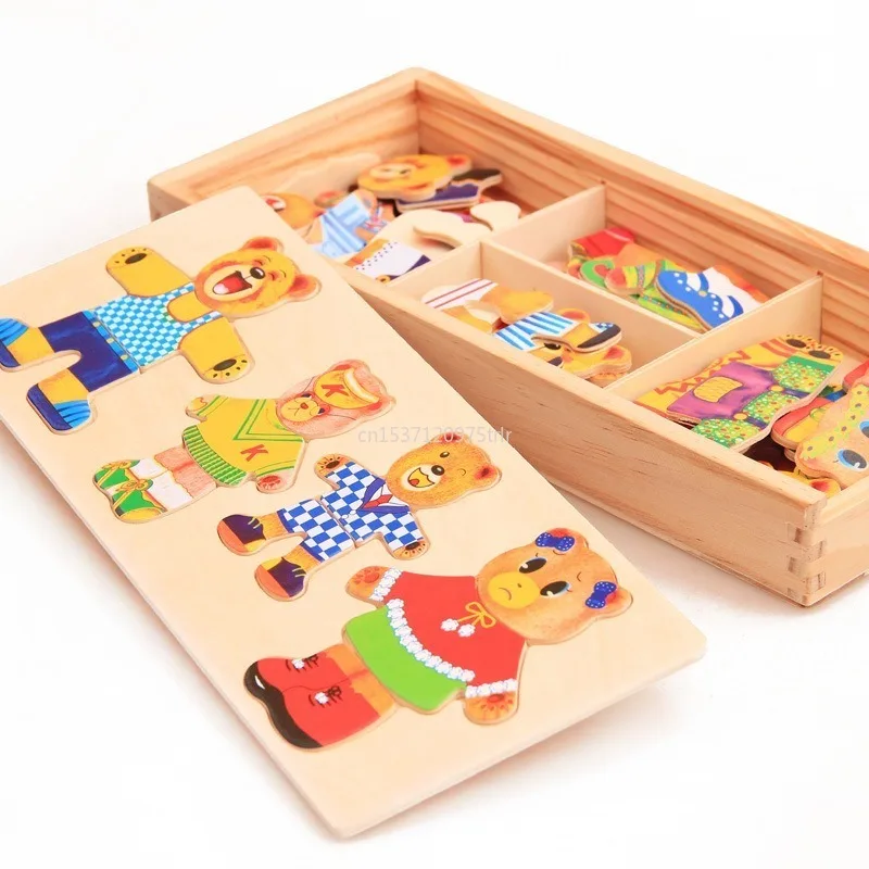 Little Bear Change Clothes Children's Early Education Wooden Jigsaw Puzzle Dressing Game Baby Puzzle Toys for Children Gift 2
