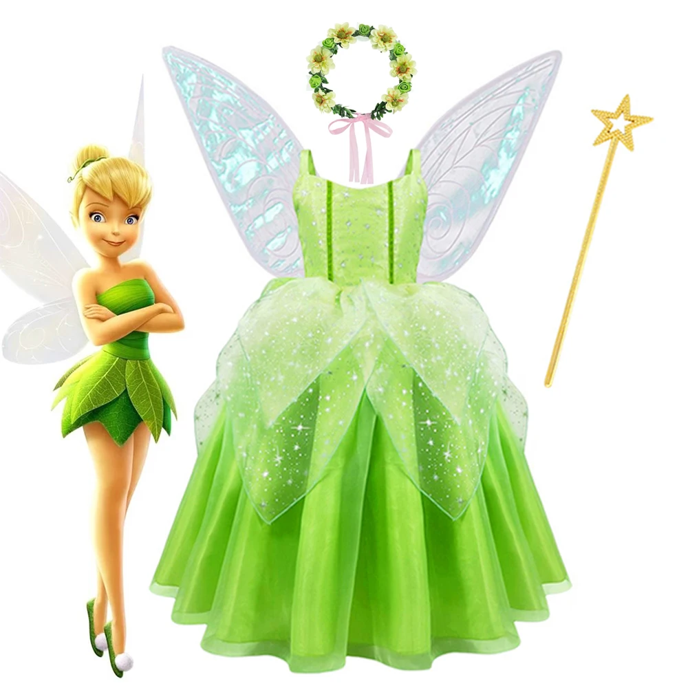 

Disney Tinker Bell Princess Halloween Cosplay Girls Party Green Flower Fairy TinkerBell Dress Elf Costume Glitter Butterfly Wing
