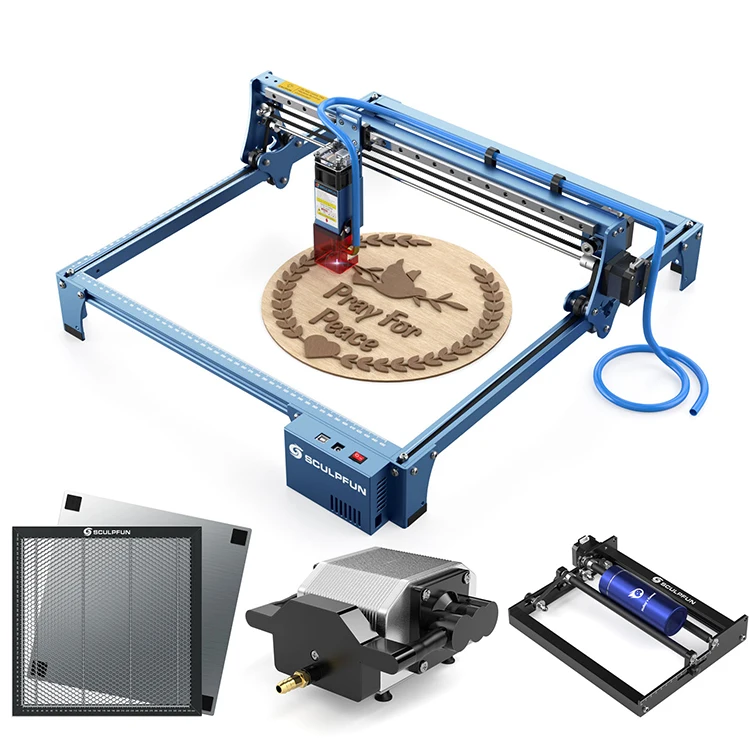 

SCULPFUN S10 Laser Engraver Air Assist Industrial-grade Carving Laser Engraving Machine with 400*400mm Honeycomb Air pump Rotary