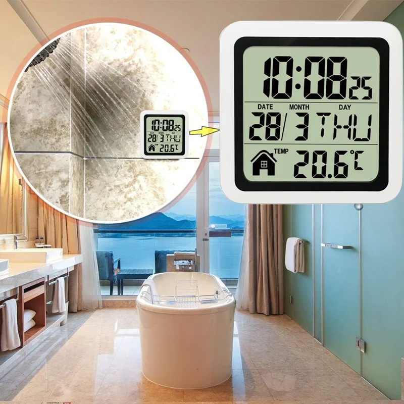 Wall Clock Digital Wall Clock Large Waterproof Bathroom Wall Clock For Bath Countertop Moisture Proof Temperature Humidity Meter Suction Clock Watch