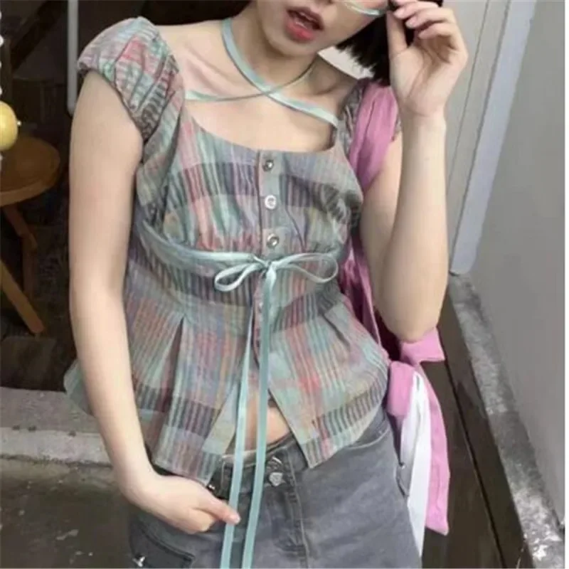 

Vintage Contrast Color Y2k Aesthetic Plaid Shirt Fashion Bandage Bow Slim Blouse Streetwear Grunge Blusas Mujer De Moda