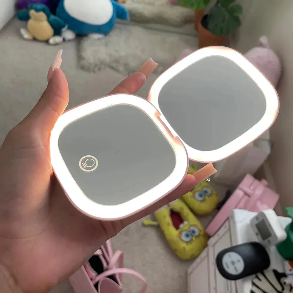 Makeup Mirror Magnifying Mirror Hand Holding Mirror 2 Face Sides Touch Compact Led 3 Colors Mini Foldable Charge With 5X