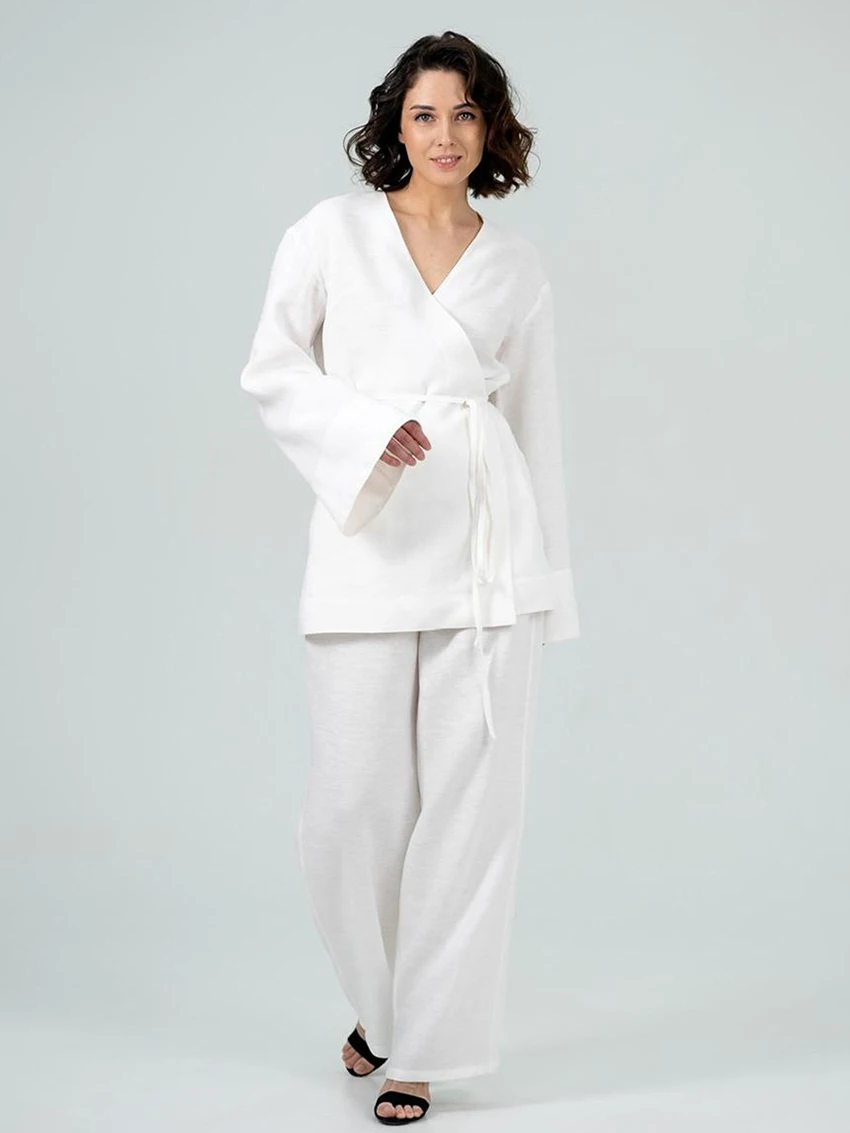 Marthaqiqi Loose Female Nightgowns Set Long Sleeve Nightwear Sexy V-Neck Sleepwear Lace Up Nightie Pants Women'S Pajamas Suits