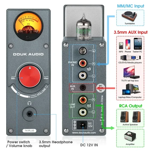 Douk Audio 5654 진공관 Phono Stage Preamp for Home 턴테이블 헤드폰 앰프 w/VU 미터 TV/MP3/Phone 용 스테레오 오디오 프리 앰프 2